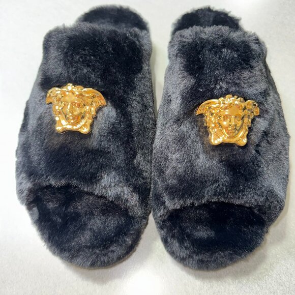 VERSACE MENS MEDUSA MEDUSA FAUX FUR HOUSE SLIPPERS SIZE 44 APPROX 10/11 - Picture 1 of 10